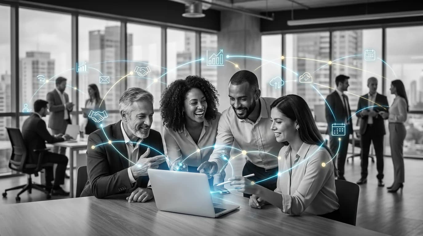 Un equipo de trabajo sonríe frente a una laptop mientras líneas de luz conectan íconos de correo, calendario, gráficos y nube sobre la oficina