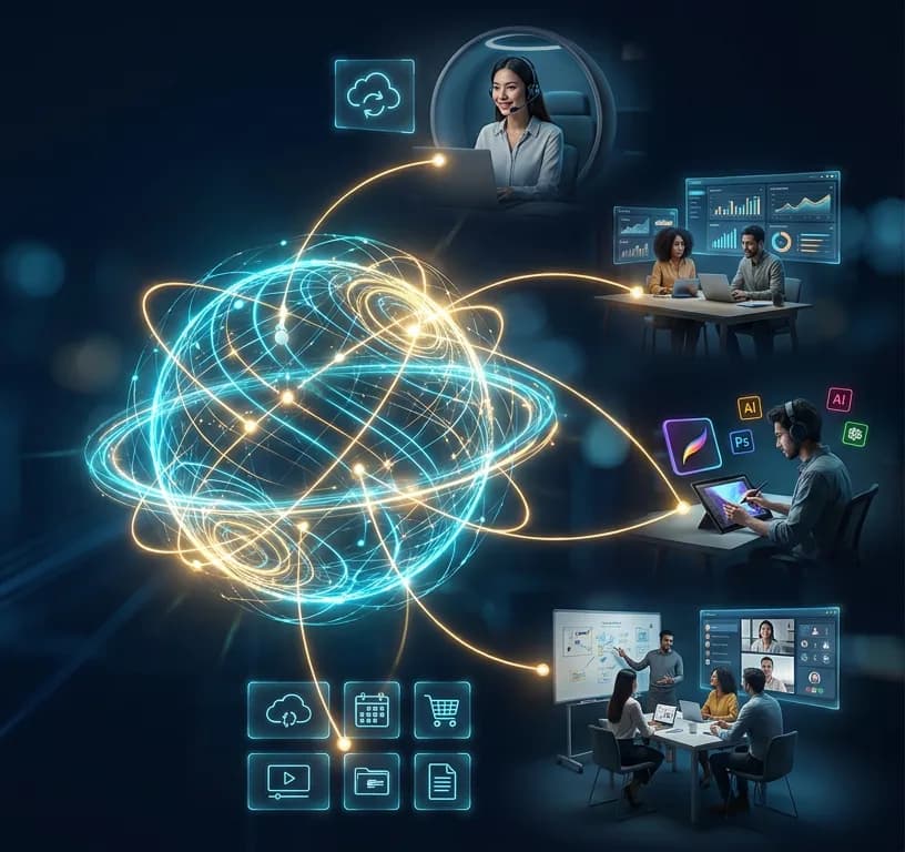 Esfera de luz que representa un sistema de iA conectado con áreas de atención al cliente, análisis de datos, herramientas creativas, trabajo en equipo y servicios en la nube